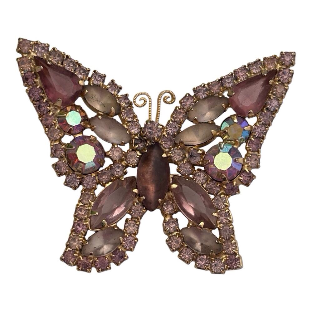 Weiss Lavender Purple Prong Set Rhinestone Butterfly Brooch 2" x 2.5" Gold Tone